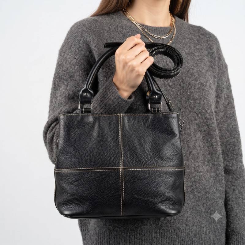 Black Pebbled Leather Handbag with Contrast Stitching - view 2