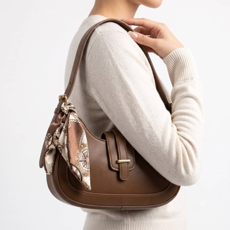 Brown Crescent Shoulder Bag with Silk Scarf Accent - view 2