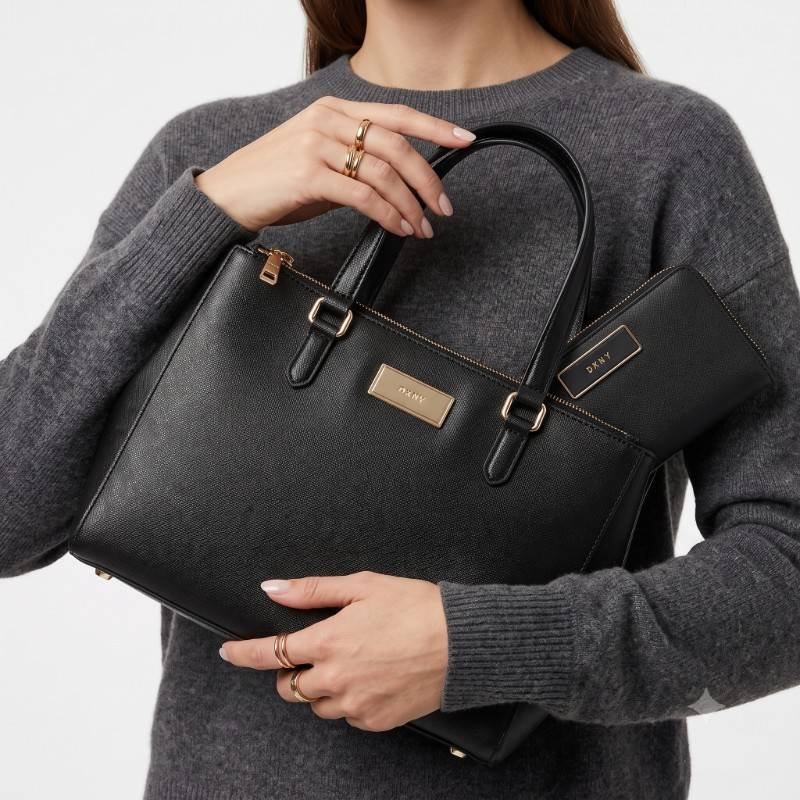 DKNY Saffiano Leather Double Zip Tote Bag With Matching Wallet Set - Black - view 2