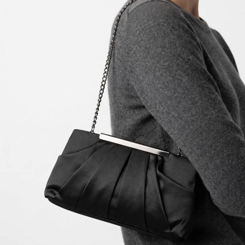 Black Pleated Satin Clutch Bag - view 2