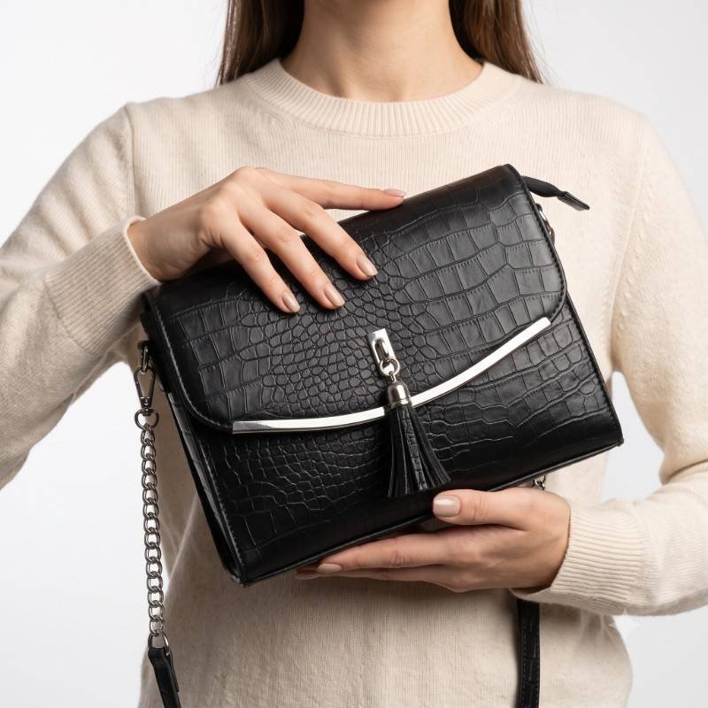 Black crocodile leather premium look big size crossbody - view 2