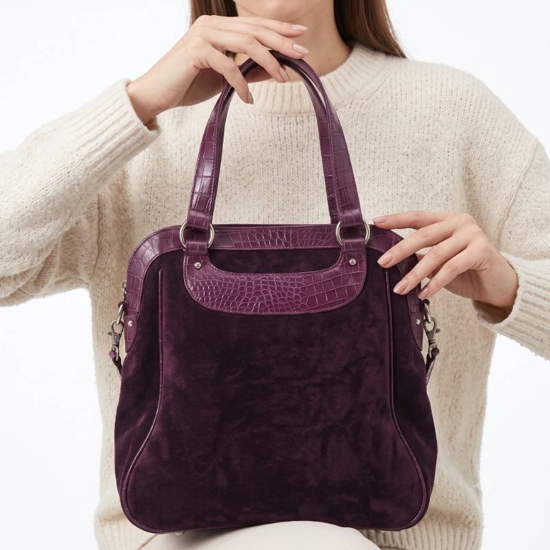 Royal Plum Suede & Croc-Embossed Leather Handbag - view 2
