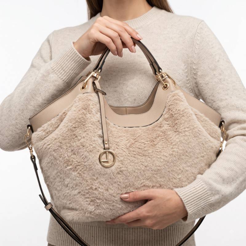 Luxury Beige Faux Fur Handbag with Leather Straps - view 2