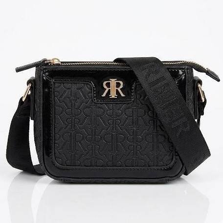 River Island black monogram emboss crossbody bag with a branded strap and gold hardware.