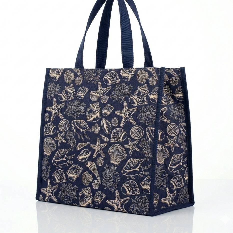 Signare Sea Shell tapestry shopper bag featuring a woven seashell pattern and dark blue handles