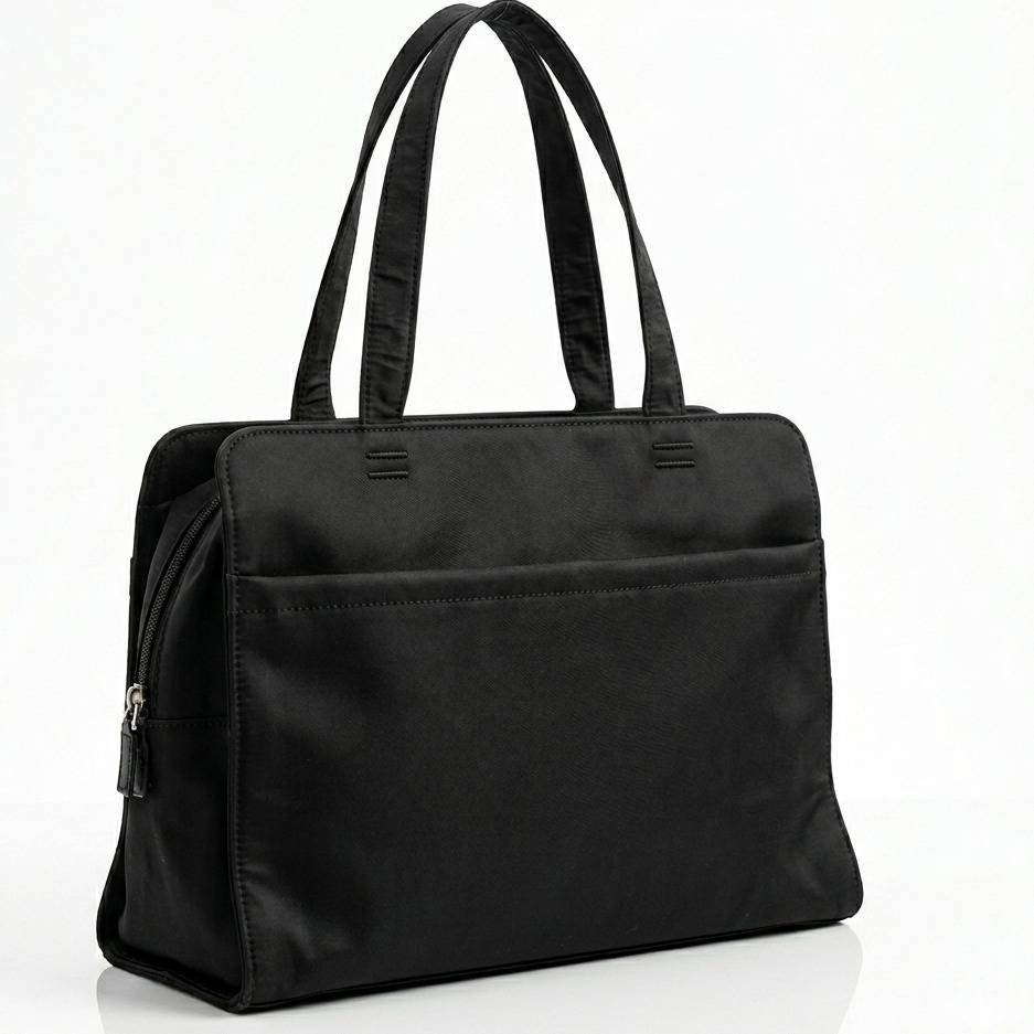 black nylon ACE Sears tote bag features structured top handles and a functional front zippered pocket for organization